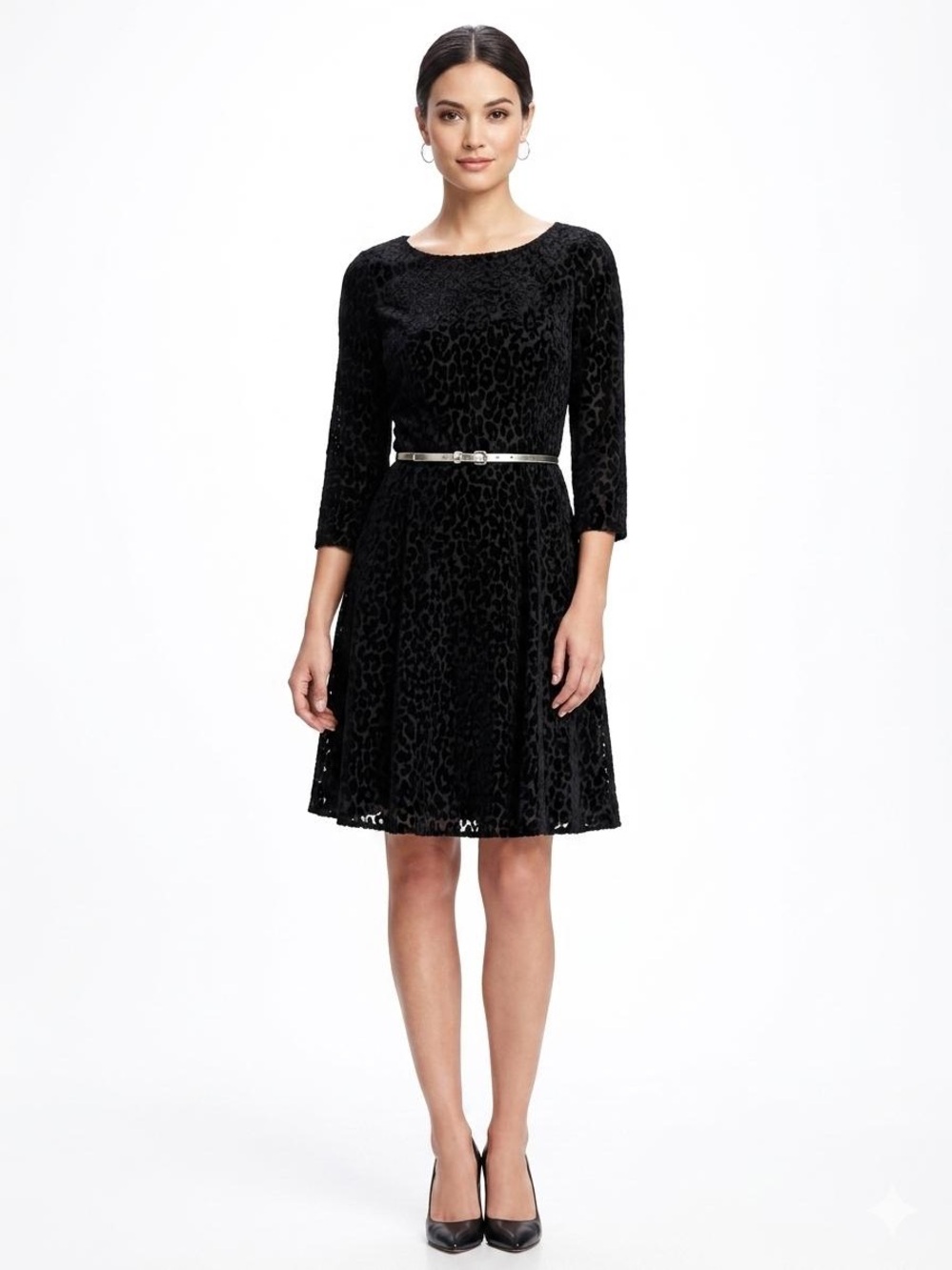 Gianni Bini Black Velvet Burnout Midi Dress with Silver Belt NWE